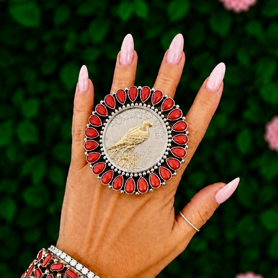 Silver Eagle Dollar & Natural Mediterranean Coral ring handcrafted by Native American artist Tonya June Raphael
