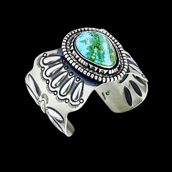 Natural Candelaria Turquoise bracelet handcrafted by Native American artist Raymond Delgarito