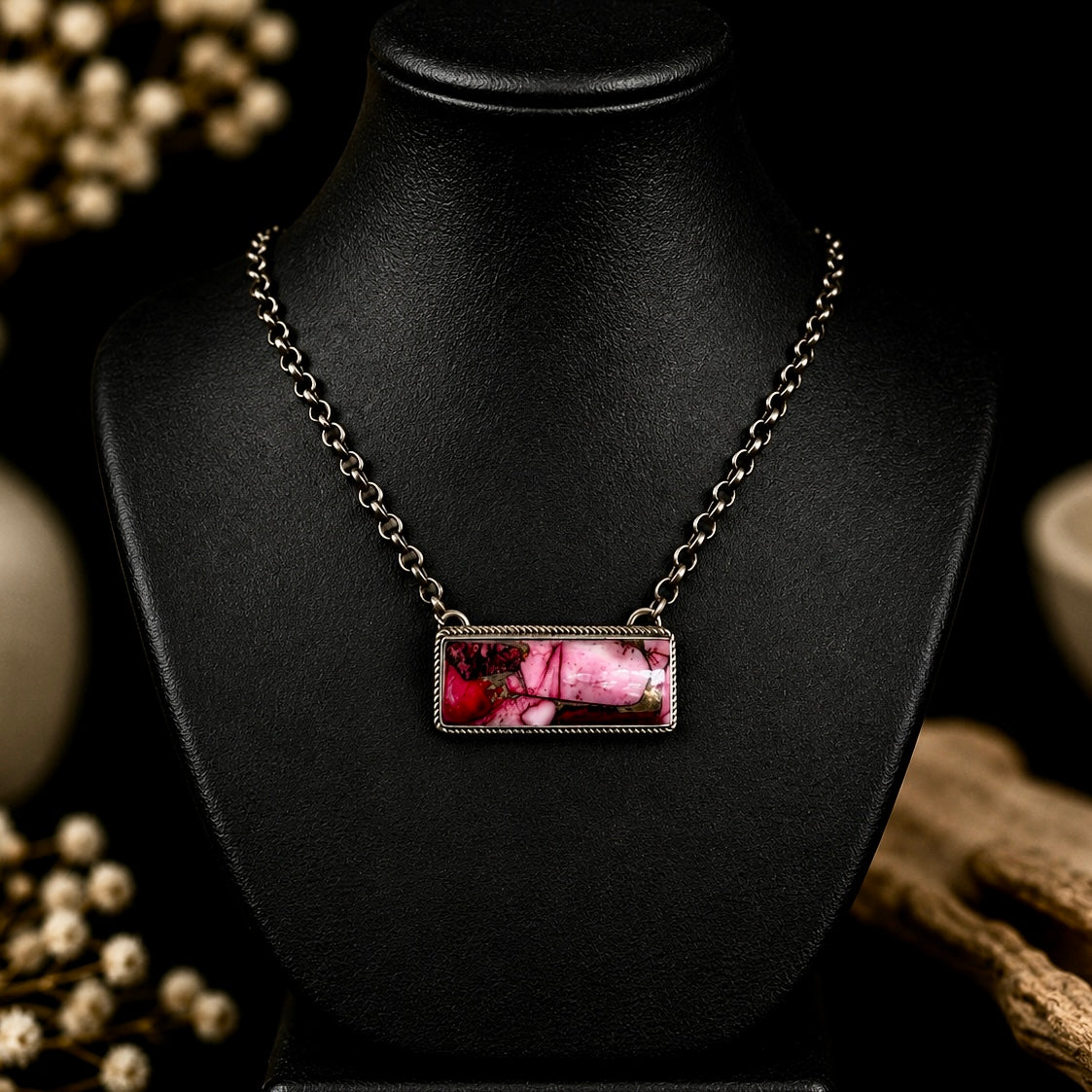 Rose Dahlia bar necklace handcrafted by Native American artist Delaine & Dwayne Nez