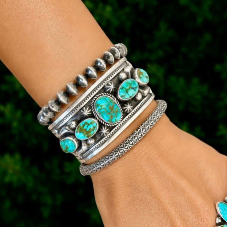 5 Stone Natural Sonoran Gold Turquoise cuff handcrafted by Native American artist Albert Jake (Heavy by Hand)