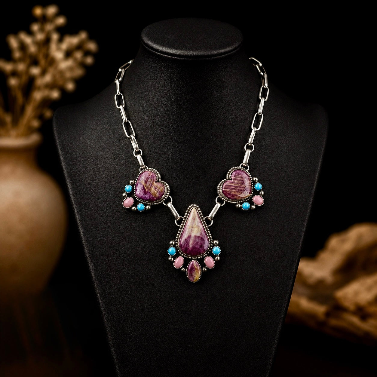 Purple Spiny Oyster, Pink Conch and Kingman Turquoise necklace handcrafted by Native American artist Chris Etsitty