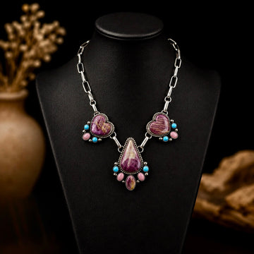Purple Spiny Oyster, Pink Conch and Kingman Turquoise necklace handcrafted by Native American artist Chris Etsitty
