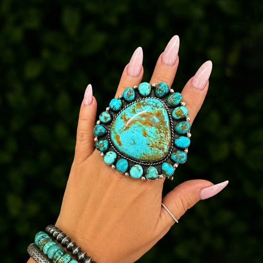 Sonoran Gold & Mixed Mine Turquoise ring handcrafted by Native American artist Lorenzo and Jerilyn Chee