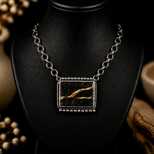 Blackjack Turquoise bar necklace handcrafted by Native American artist Danny Henlo