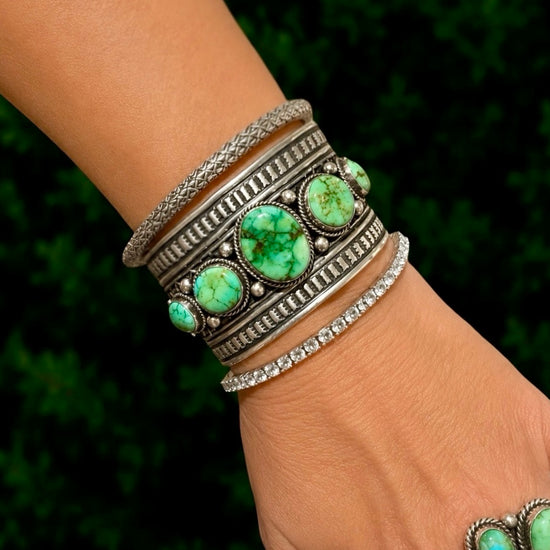 5 Stone Natural Sonoran Gold Turquoise cuff handcrafted by Native American artist Andy Cadman