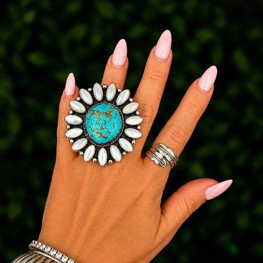 Kingman Turquoise and MOP ring handcrafted by Native American artist Lorenzo and Jerilyn Chee