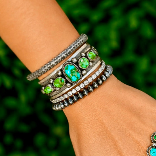 5 Stone High-Grade Sonoran Gold Turquoise cuff handcrafted by Native American artist Albert Jake (Heavy by Hand)
