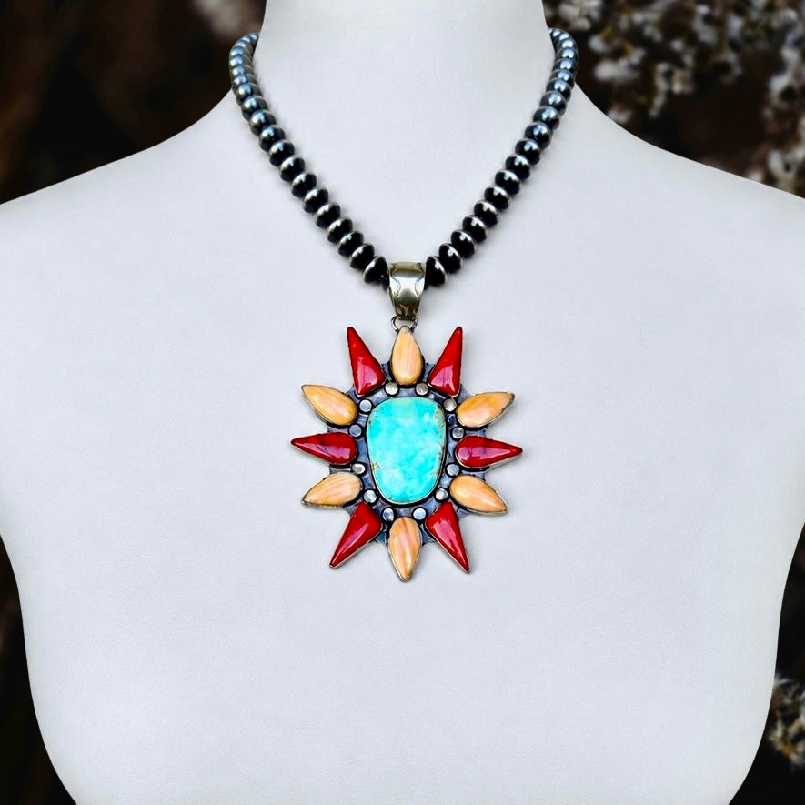 Carico Lake Turquoise & Spiny Mix pendant handcrafted by Native American artist Lenora Garcia