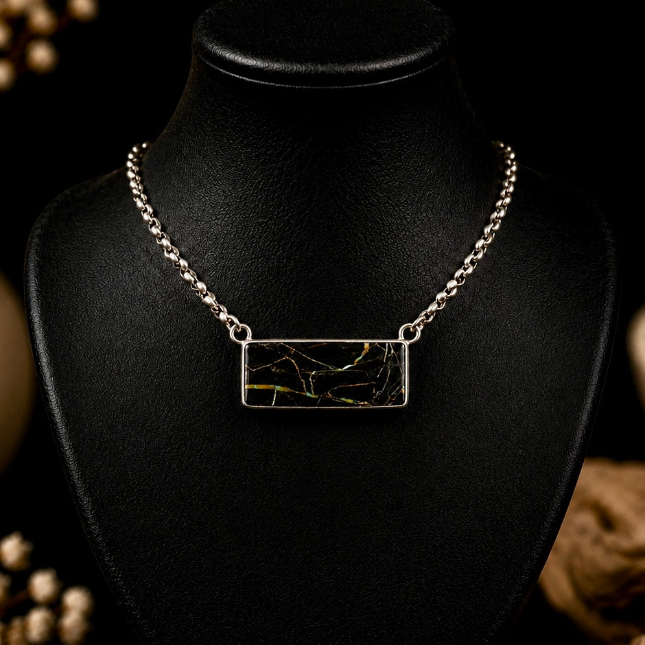 Blackjack Turquoise bar necklace handcrafted by Native American artist Ella Linkin