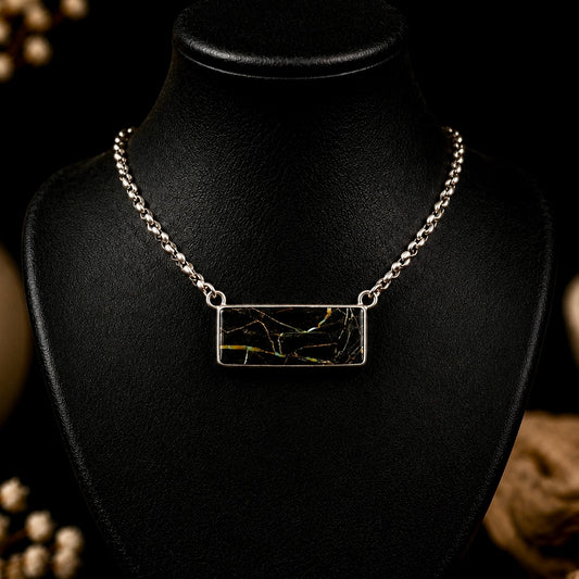 Blackjack Turquoise bar necklace handcrafted by Native American artist Ella Linkin