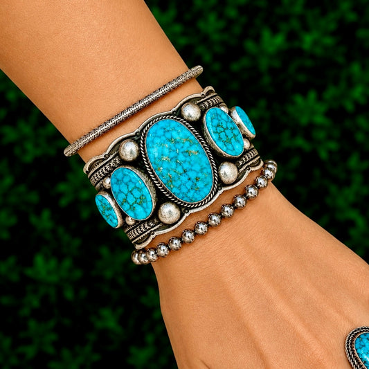 5 Stone Natural Birdseye Kingman Turquoise cuff handcrafted by Native American artist Guy Hoskie