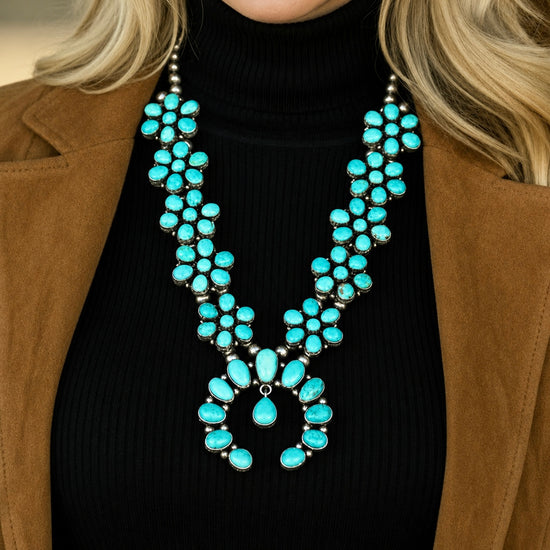 Carico Lake & Lone Mountain Turquoise squash blossom handcrafted by Native American artist Ella Peters