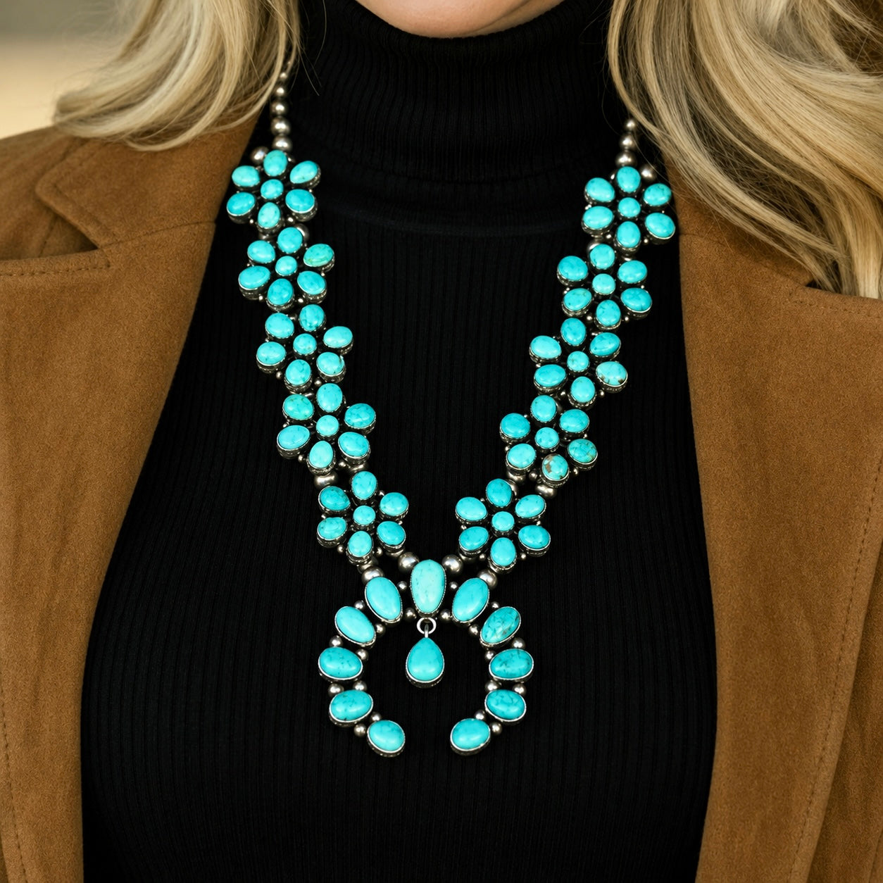 Carico Lake & Lone Mountain Turquoise squash blossom handcrafted by Native American artist Ella Peters