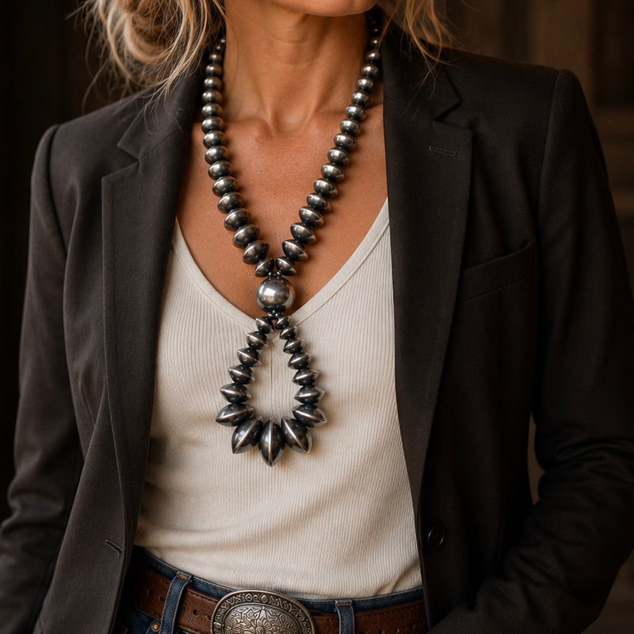 Sterling Silver jacla navajo pearl necklace handcrafted by Native American artist Tonisha Haley