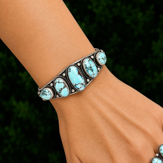 Natural Golden Hills Turquoise cuff handcrafted by Native American artist Nila Johnson
