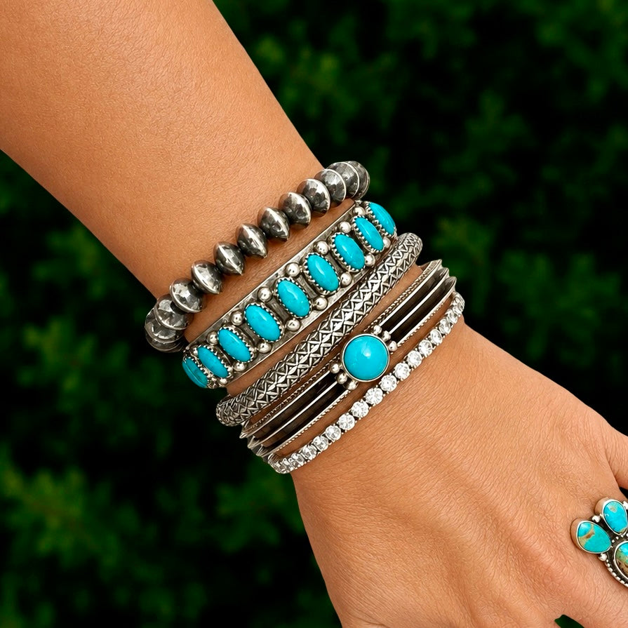 Kingman Stacker bracelet handcrafted by Native American artist Lorenzo and Jerilyn Chee