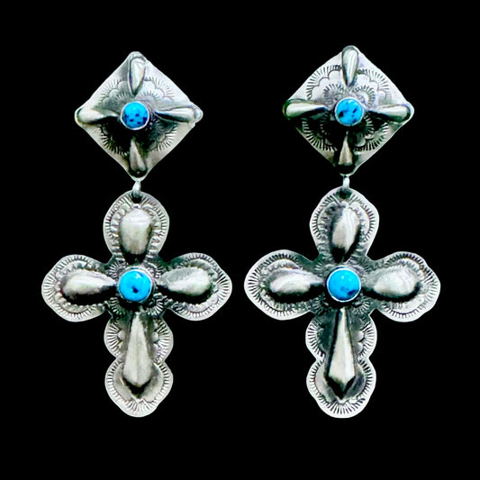 Kingman Turquoise Repoussé earrings handcrafted by Native American artist Glenn Livingston