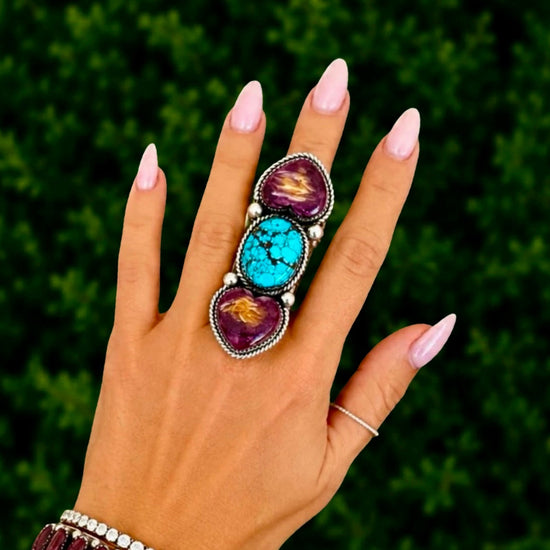 High-Grade Kingman Turquoise & Purple Spiny Oyster ring handcrafted by Native American artist Marcus Chavez