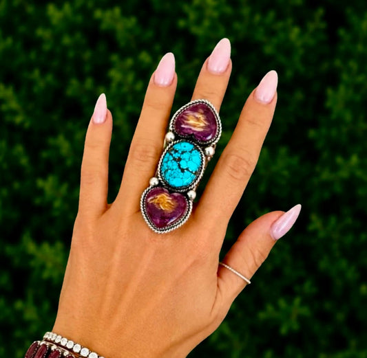High-Grade Kingman Turquoise & Purple Spiny Oyster ring handcrafted by Native American artist Marcus Chavez