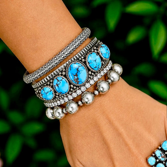 5 Stone High-Grade Natural Golden Hills Turquoise cuff handcrafted by Native American artist Happy Piasso