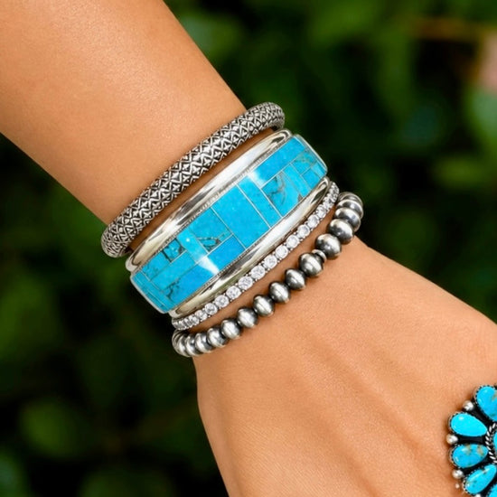 Kingman Inlay Turquoise cuff handcrafted by Native American artist Rick and Glendora Booqua