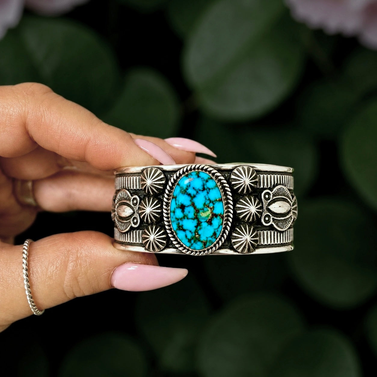 Natural Spiderweb Kingman Turquoise cuff handcrafted by Native American artist Andy Cadman
