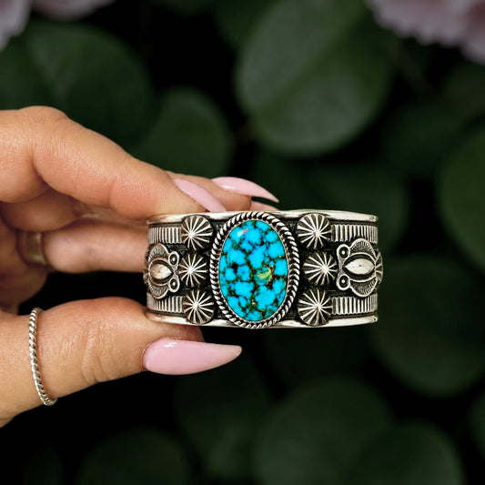 Natural Spiderweb Kingman Turquoise cuff handcrafted by Native American artist Andy Cadman