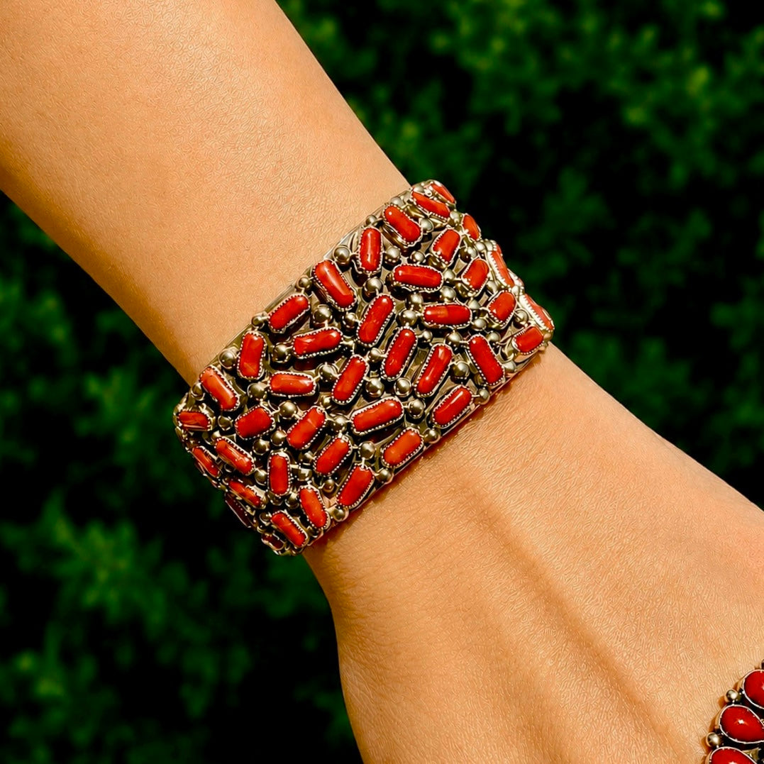 Natural Mediterranean Coral cuff handcrafted by Native American artist Darlene Begay