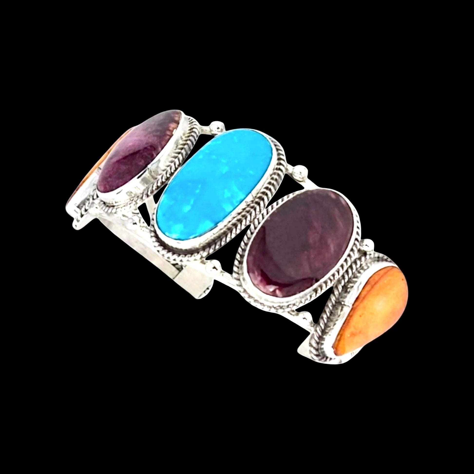 Orange, Purple Spiny with Kingman bracelet handcrafted by Native American artist Junior Begay