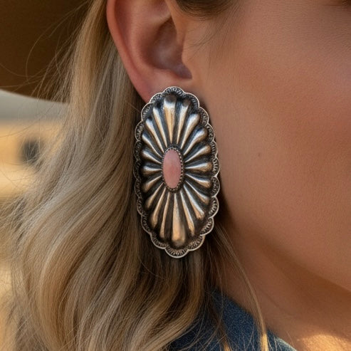Pink Conch and Sterling Silver earrings handcrafted by Native American artist Rita Lee