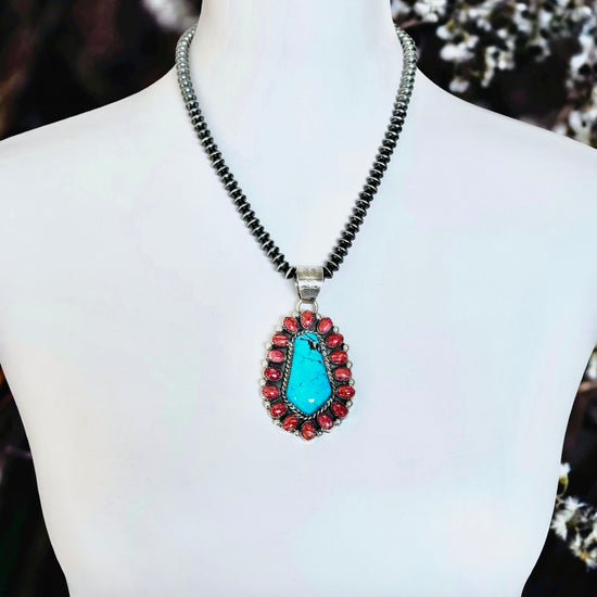 Red Spiny Oyster & Kingman Turquoise pendant handcrafted by Native American artist Lorenzo and Jerilyn Chee