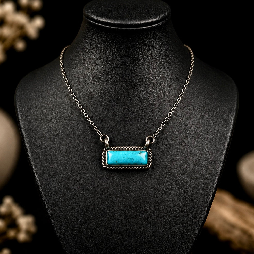 Kingman Turquoise bar necklace handcrafted by Native American artist Johnny Dixon