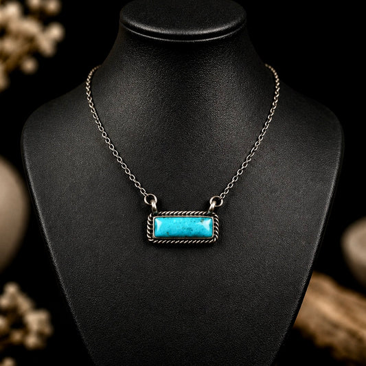 Kingman Turquoise bar necklace handcrafted by Native American artist Johnny Dixon