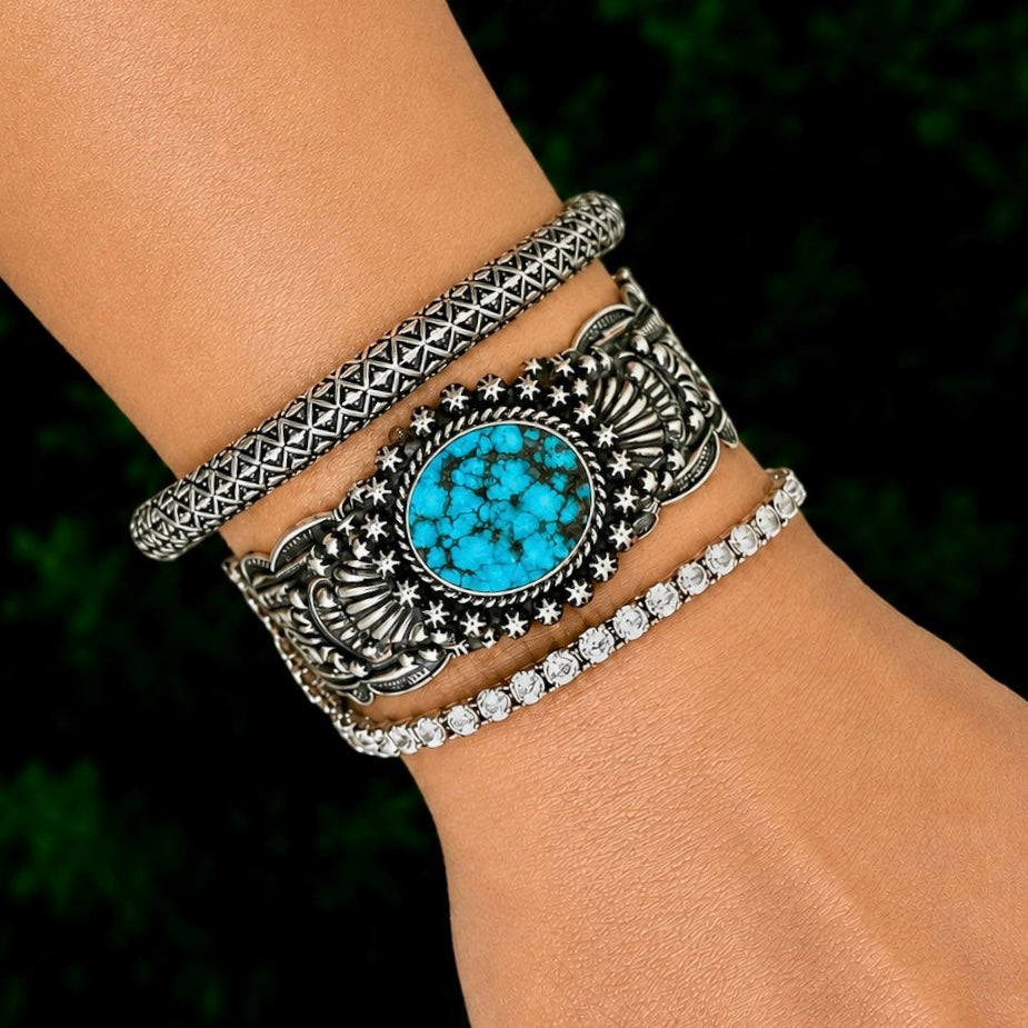 Natural Spiderweb Kingman Turquoise cuff handcrafted by Native American artist Happy Piasso