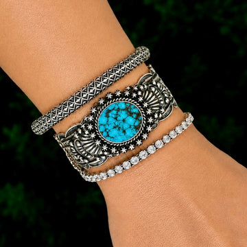 Natural Spiderweb Kingman Turquoise cuff handcrafted by Native American artist Happy Piasso