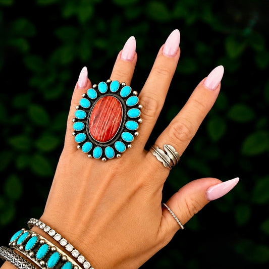 Sleeping Beauty Turquoise and Red Spiny Oyster ring handcrafted by Native American artist Ernest Roy Begay