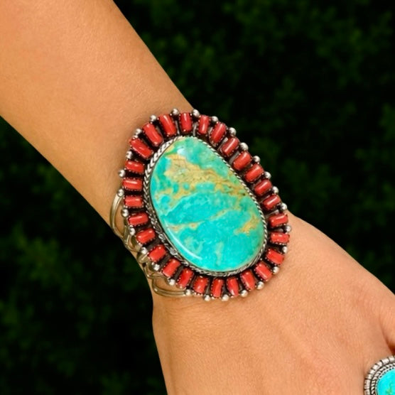 Royston Turquoise & Mediterranean Coral cuff handcrafted by Native American artist Lorenzo and Jerilyn Chee