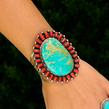 Royston Turquoise & Mediterranean Coral cuff handcrafted by Native American artist Lorenzo and Jerilyn Chee