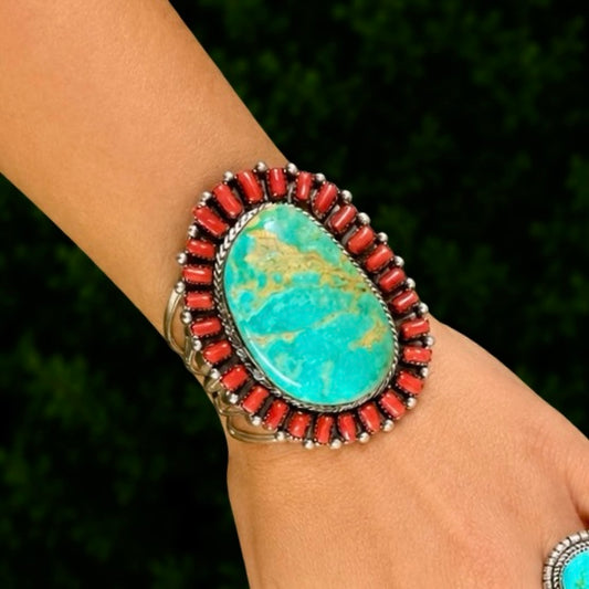 Royston Turquoise & Mediterranean Coral cuff handcrafted by Native American artist Lorenzo and Jerilyn Chee