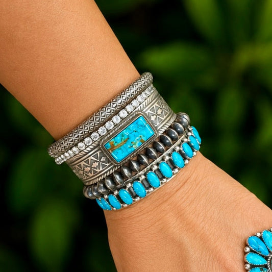 Gem Grade Natural WaterWeb Kingman Turquoise cuff handcrafted by Native American artist Calvin Martinez