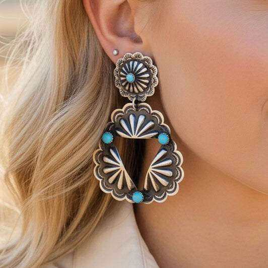 Kingman Turquoise earrings handcrafted by Native American artist Leander Tahe