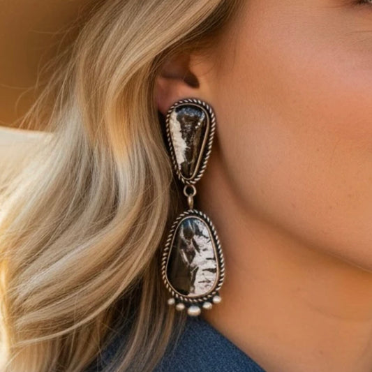 White Buffalo Dolomite earrings handcrafted by Native American artist La Rose Ganadonegro