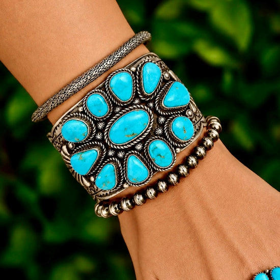 Kingman Turquoise bracelet handcrafted by Native American artist Tillie Jon