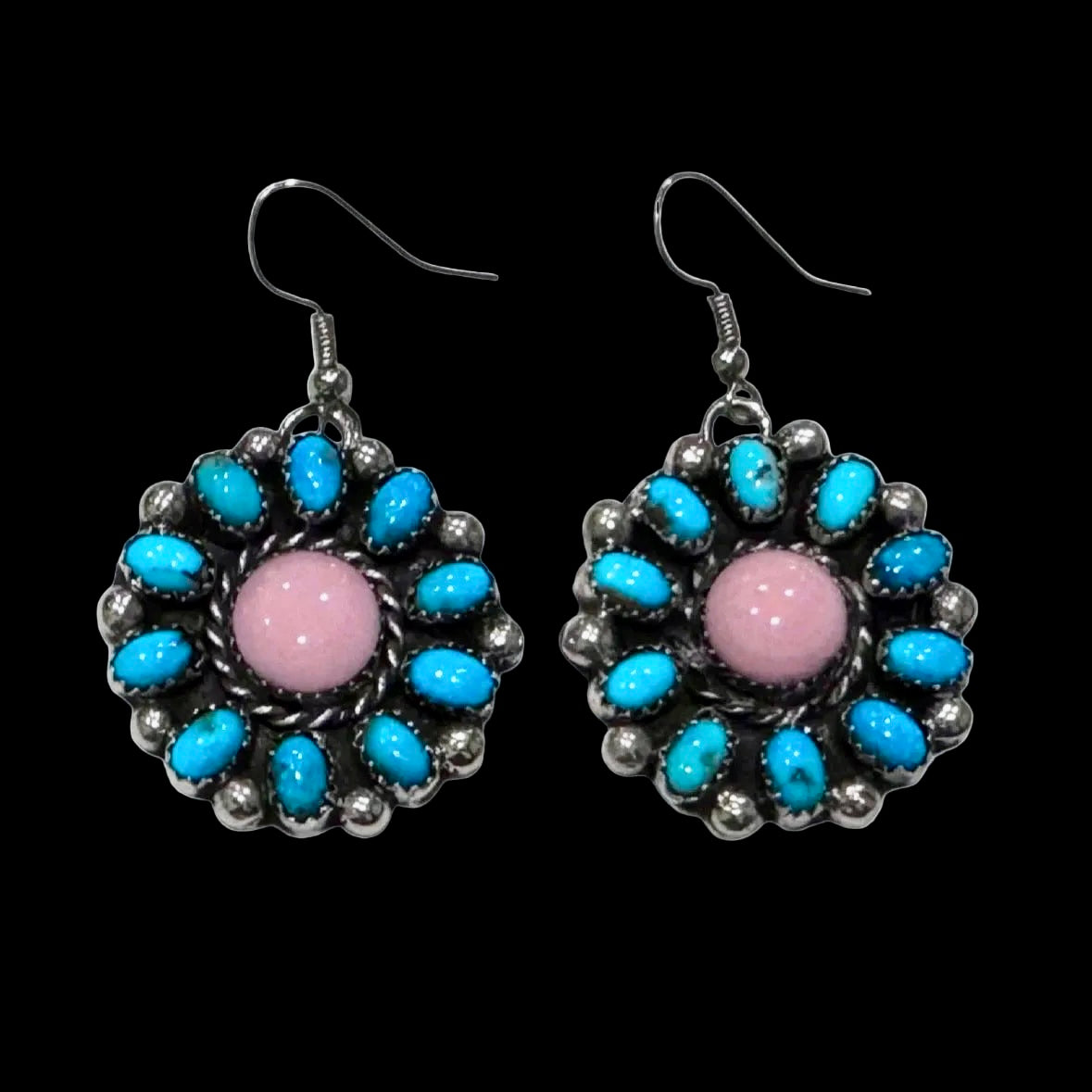 Campitos Turquoise and Pink Conch earrings handcrafted by Native American artist Lorenzo and Jerilyn Chee
