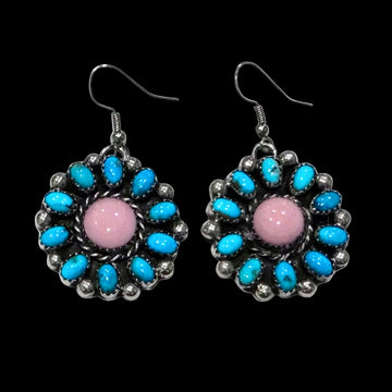 Campitos Turquoise and Pink Conch earrings handcrafted by Native American artist Lorenzo and Jerilyn Chee