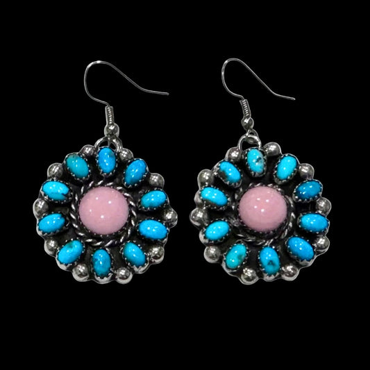 Campitos Turquoise and Pink Conch earrings handcrafted by Native American artist Lorenzo and Jerilyn Chee