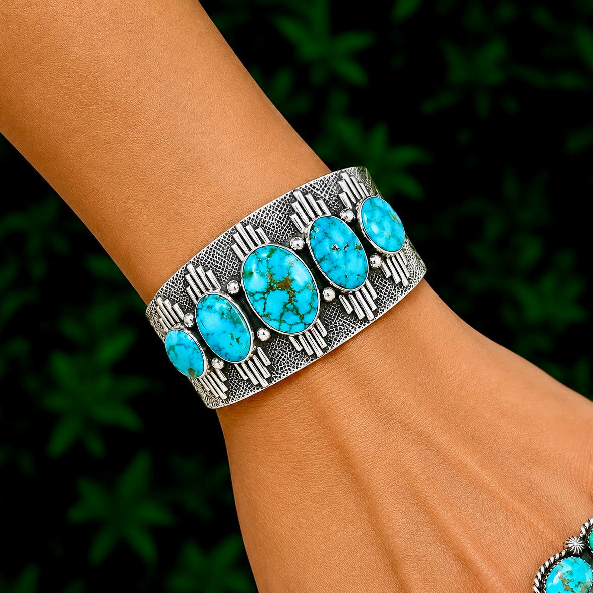 Natural Birdseye Kingman Turquoise cuff handcrafted by Native American artist Murphy Platero