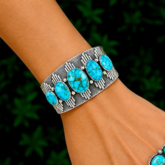 Natural Birdseye Kingman Turquoise cuff handcrafted by Native American artist Murphy Platero