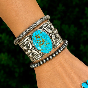 Natural Kingman Turquoise cuff handcrafted by Native American artist Andy Cadman