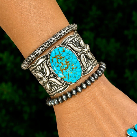 Natural Kingman Turquoise cuff handcrafted by Native American artist Andy Cadman